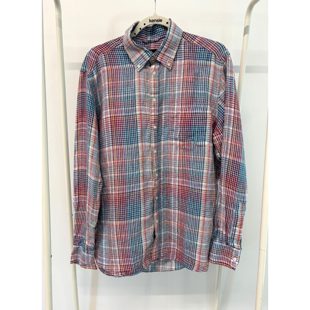 Toscano Mens Large‎ 100% Linen Plaid Long Sleeve Button Down Shirt Multi-Color
